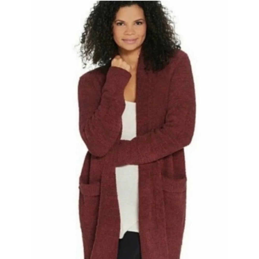 Barefoot Dreams Cardigan M Burgundy Exc CozyChic Lite Rolled Hem Laid-Back Luxe